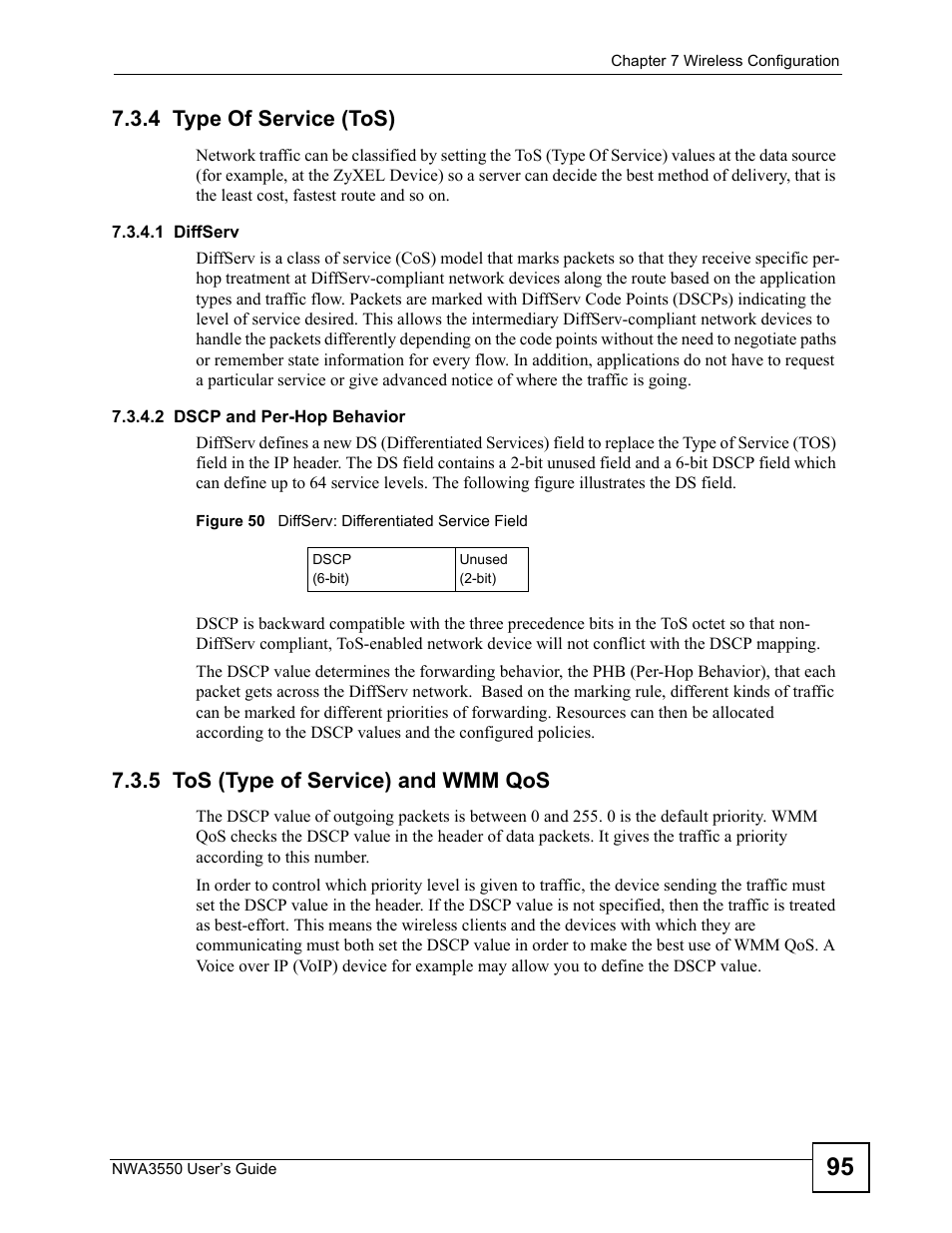 4 type of service (tos), 5 tos (type of service) and wmm qos, 1 diffserv 7.3.4.2 dscp and per-hop behavior | Figure 50 diffserv: differentiated service field | ZyXEL Communications NWA3550 User Manual | Page 95 / 344