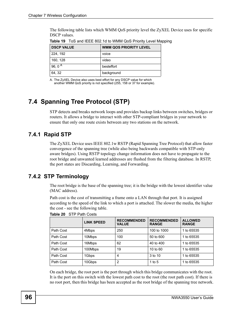 4 spanning tree protocol (stp), 1 rapid stp, 2 stp terminology | 1 rapid stp 7.4.2 stp terminology | ZyXEL Communications NWA3550 User Manual | Page 96 / 344