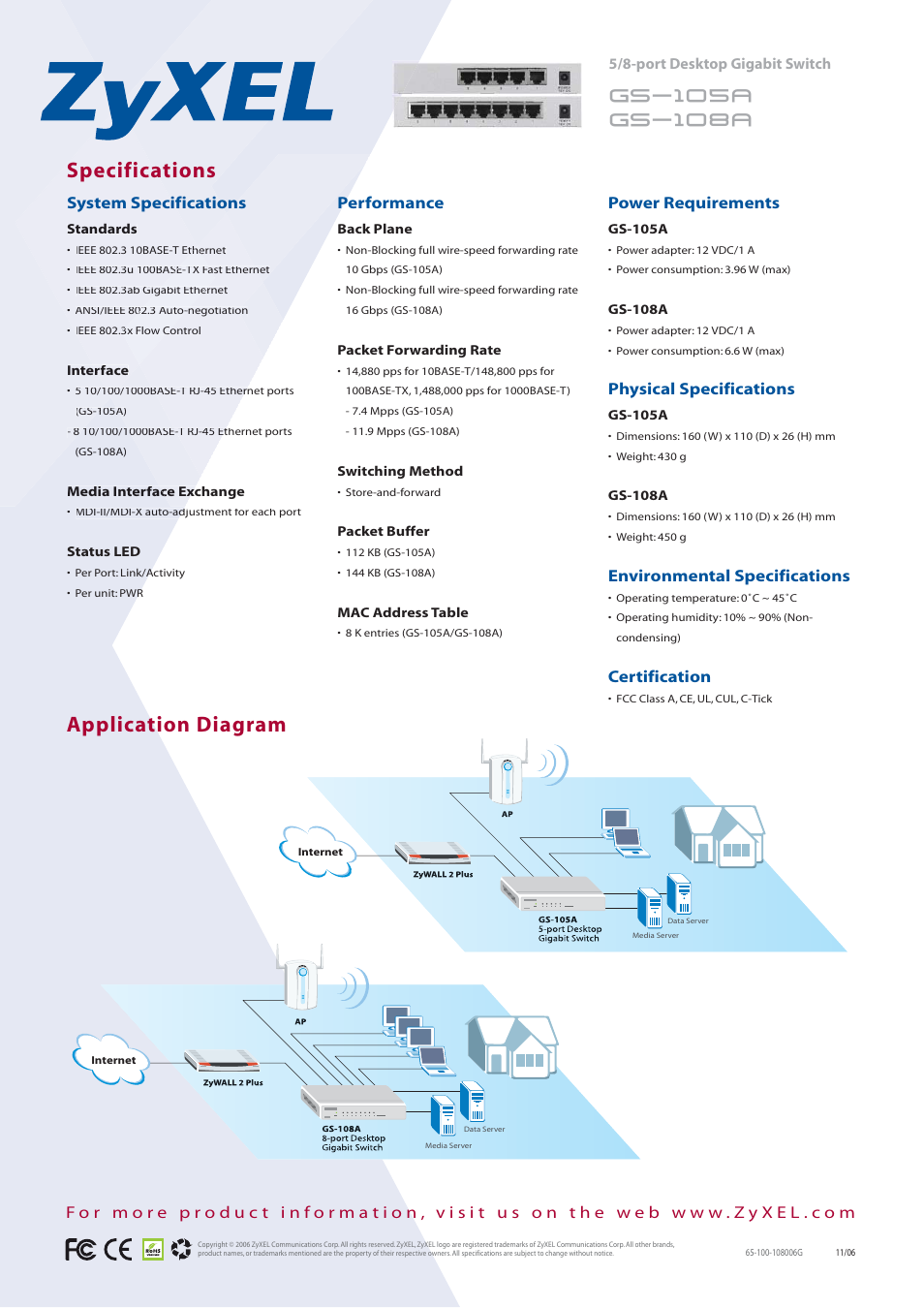 Application diagram, Specifications, System specifications | Performance, Power requirements, Physical specifications, Environmental specifications, Certification | ZyXEL Communications GS-108A User Manual | Page 2 / 2