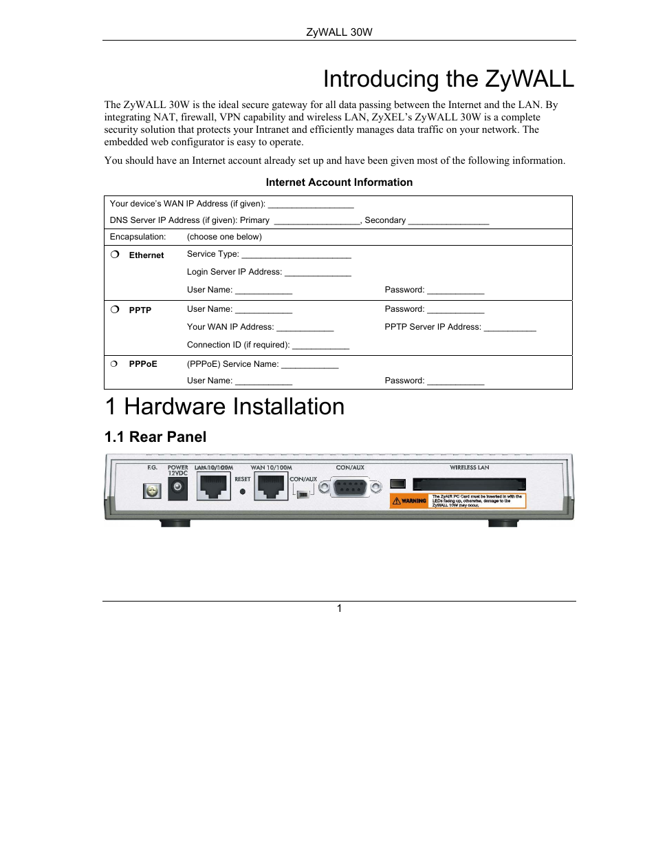 Hardware installation, Rear panel, Introducing the zywall | 1 hardware installation, 1 rear panel | ZyXEL Communications ZyXEL ZyWALL 30W User Manual | Page 2 / 11