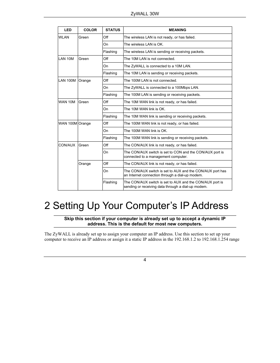 Setting up your computer’s ip address, 2 setting up your computer’s ip address | ZyXEL Communications ZyXEL ZyWALL 30W User Manual | Page 5 / 11