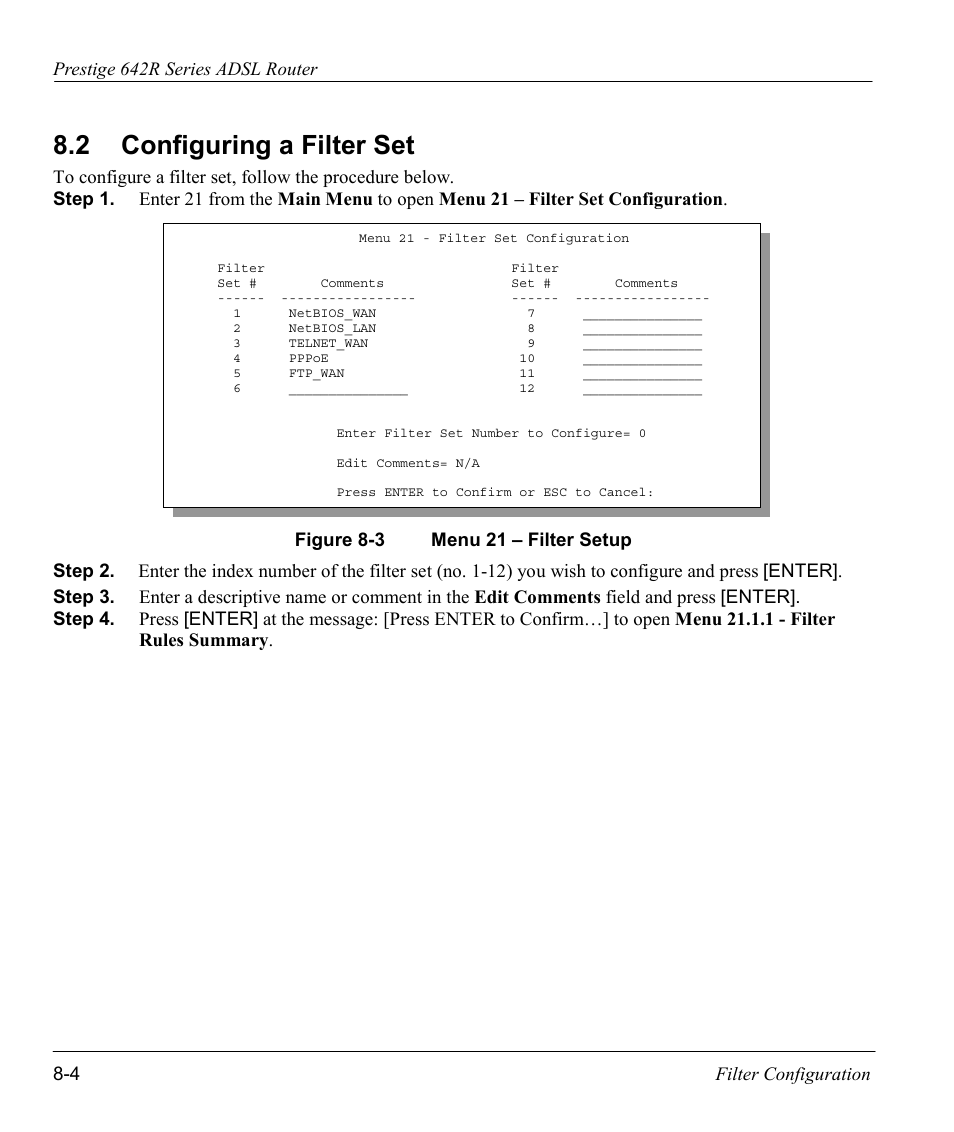 Configuring a filter set, 2 configuring a filter set | ZyXEL Communications Prestige 642R Series User Manual | Page 100 / 163