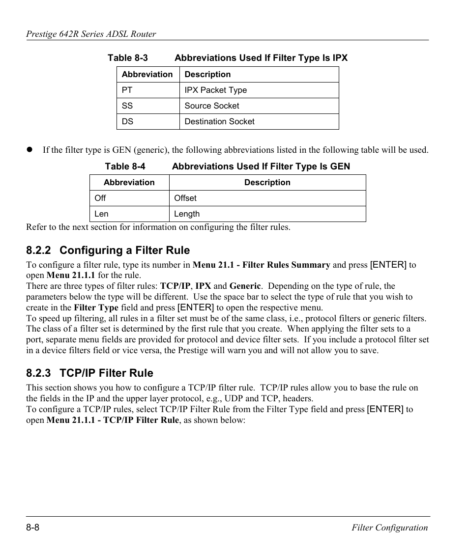Configuring a filter rule, Tcp/ip filter rule, 2 configuring a filter rule | 3 tcp/ip filter rule | ZyXEL Communications Prestige 642R Series User Manual | Page 104 / 163