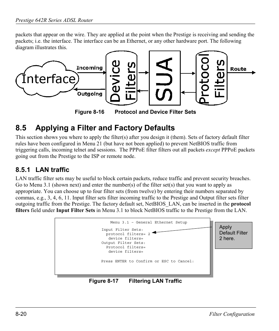 Applying a filter and factory defaults, Lan traffic, 5 applying a filter and factory defaults | 1 lan traffic | ZyXEL Communications Prestige 642R Series User Manual | Page 116 / 163