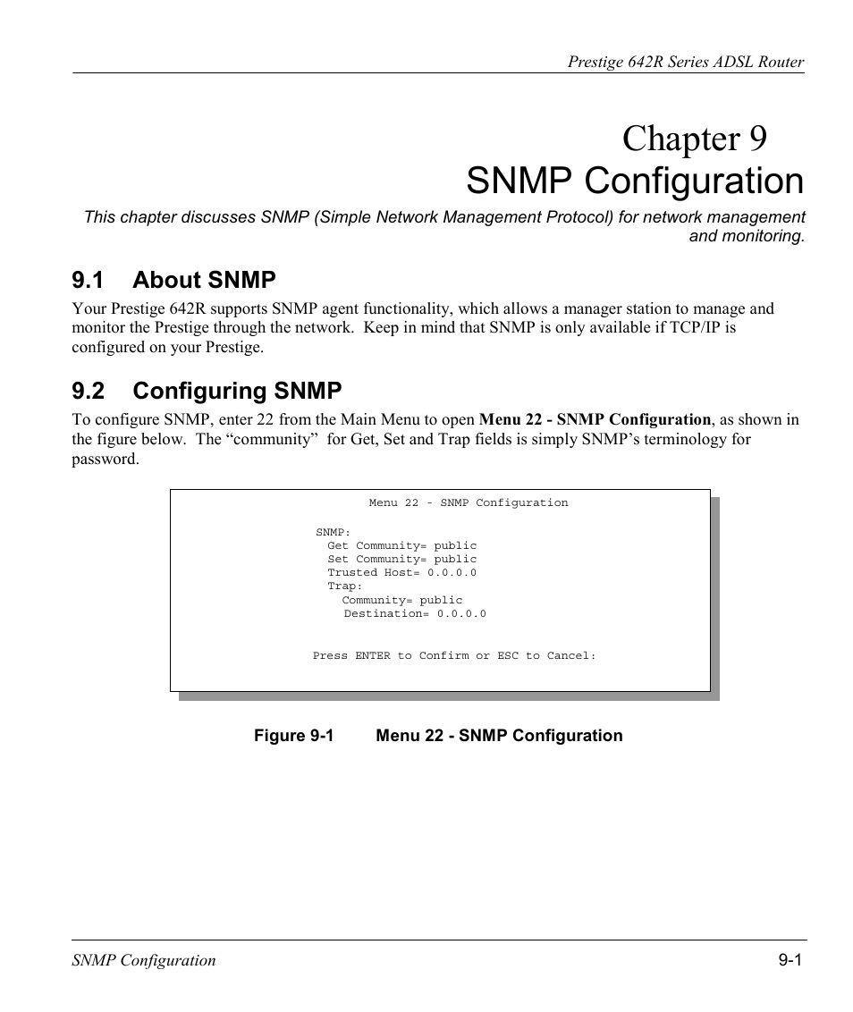 Snmp configuration, About snmp, Configuring snmp | Chapter 9 snmp configuration, 1 about snmp, 2 configuring snmp | ZyXEL Communications Prestige 642R Series User Manual | Page 119 / 163