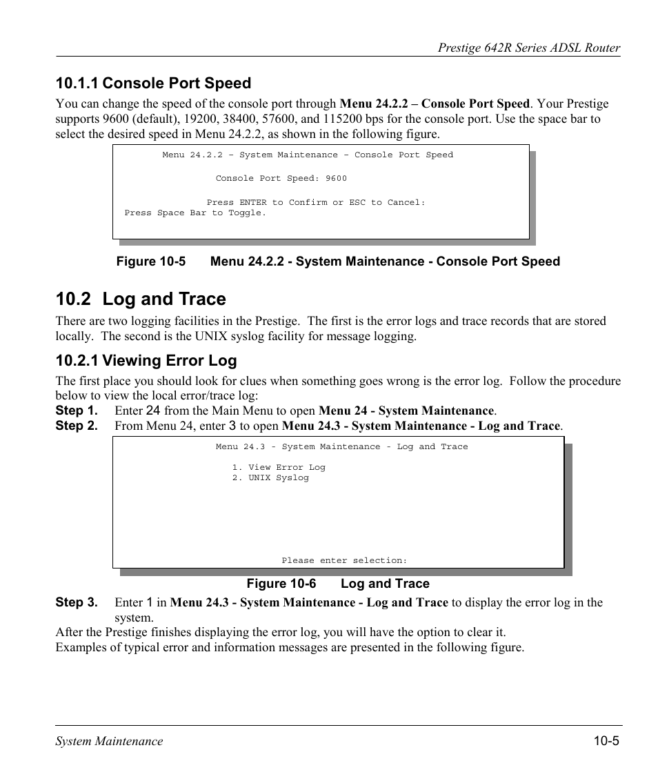 Console port speed, Log and trace, Viewing error log | 2 log and trace, 1 console port speed, 1 viewing error log | ZyXEL Communications Prestige 642R Series User Manual | Page 125 / 163