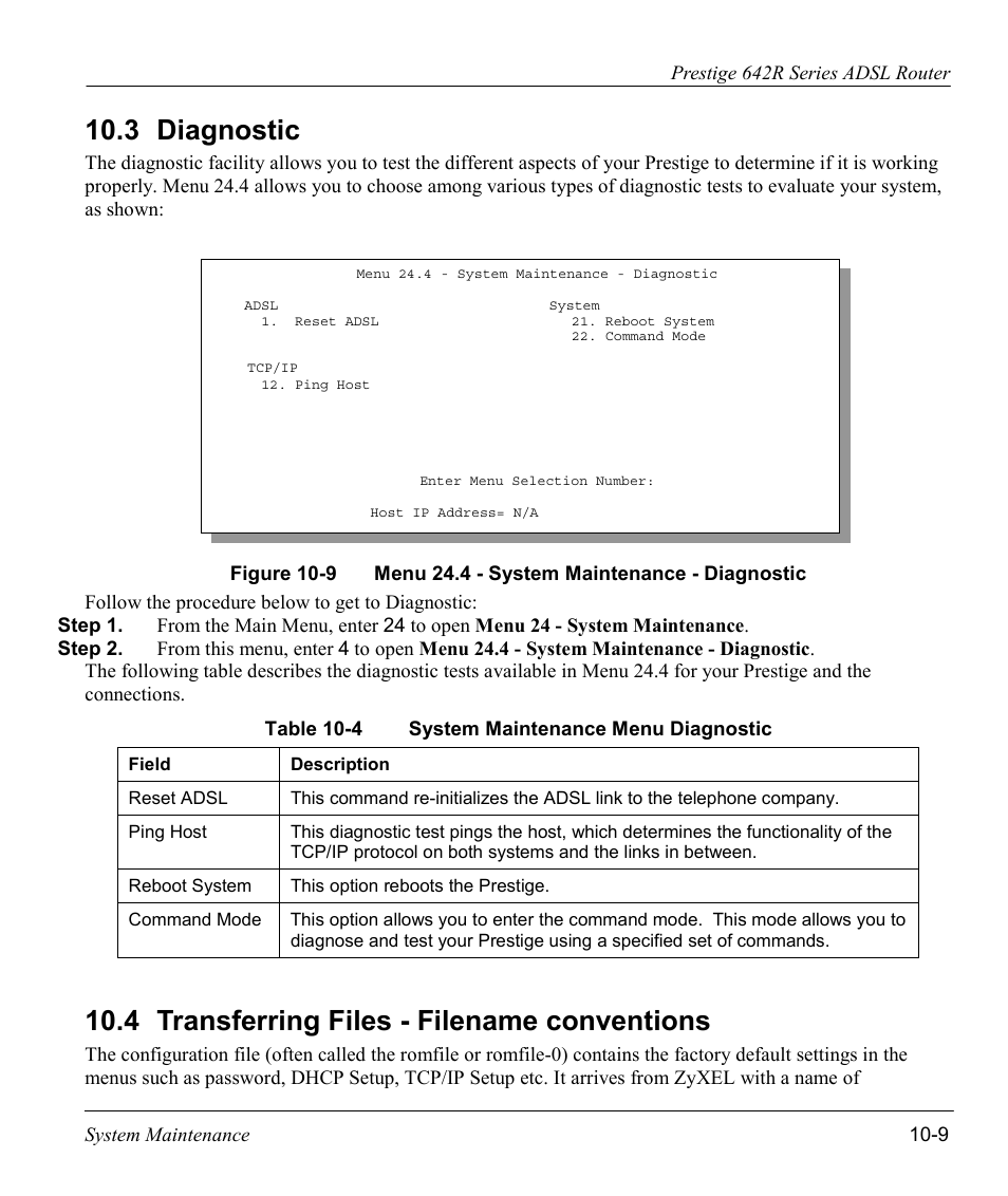 Diagnostic, Transferring files - filename conventions, 3 diagnostic | 4 transferring files - filename conventions | ZyXEL Communications Prestige 642R Series User Manual | Page 129 / 163