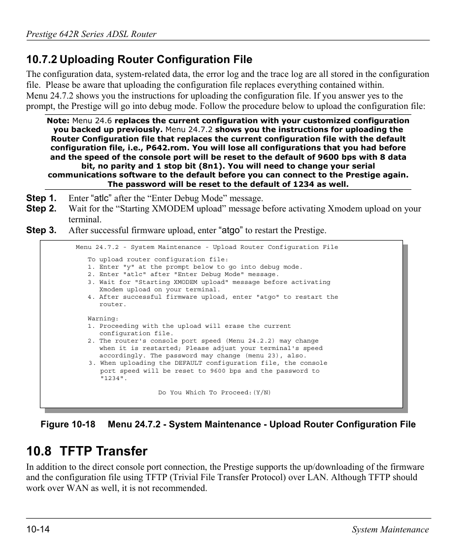 Uploading router configuration file, Tftp transfer, 8 tftp transfer | 2 uploading router configuration file | ZyXEL Communications Prestige 642R Series User Manual | Page 134 / 163