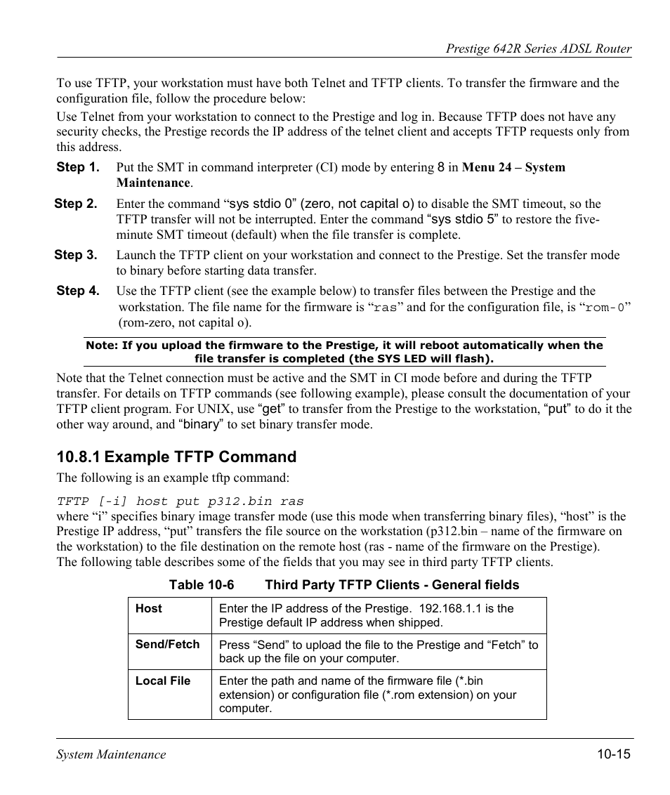 Example tftp command, 1 example tftp command | ZyXEL Communications Prestige 642R Series User Manual | Page 135 / 163