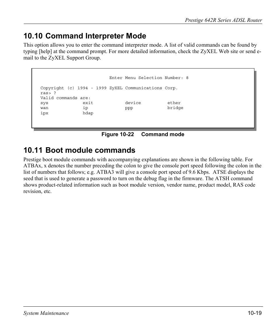Command interpreter mode, Boot module commands, 10 command interpreter mode | 11 boot module commands | ZyXEL Communications Prestige 642R Series User Manual | Page 139 / 163