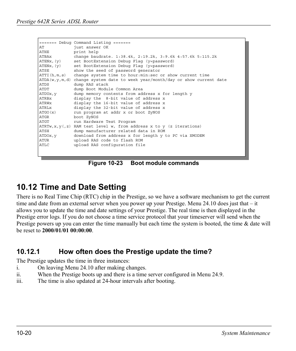 Time and date setting, How often does the prestige update the time, 12 time and date setting | ZyXEL Communications Prestige 642R Series User Manual | Page 140 / 163