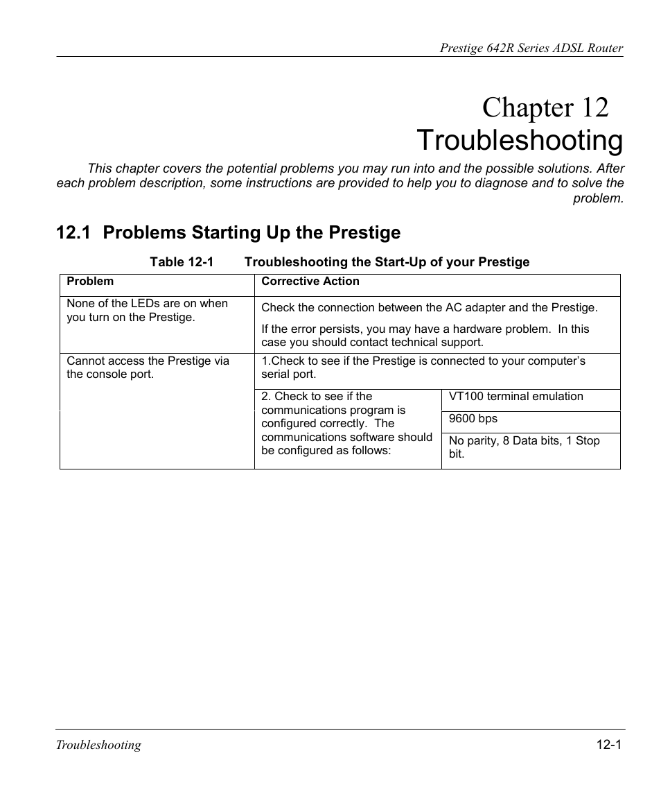 Troubleshooting, Problems starting up the prestige, Chapter 12 troubleshooting | 1 problems starting up the prestige | ZyXEL Communications Prestige 642R Series User Manual | Page 149 / 163