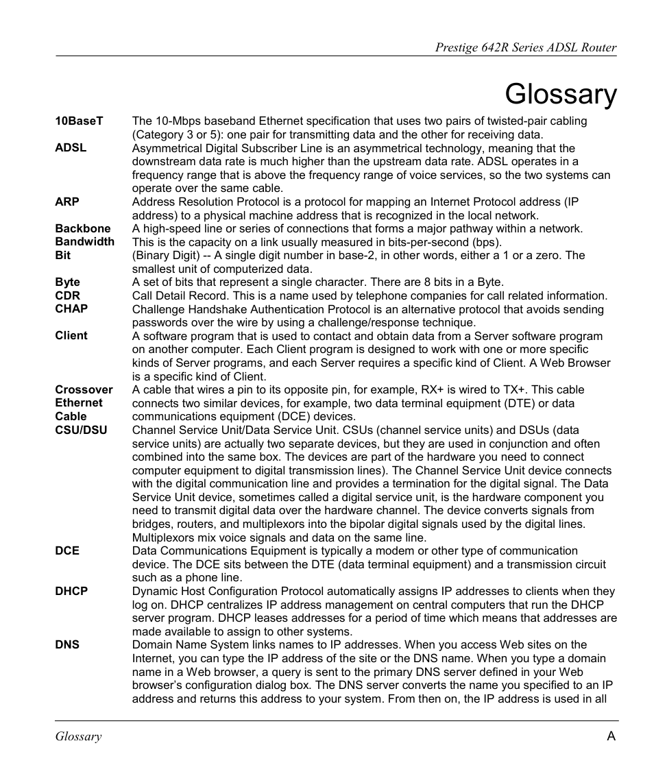 Glossary | ZyXEL Communications Prestige 642R Series User Manual | Page 151 / 163