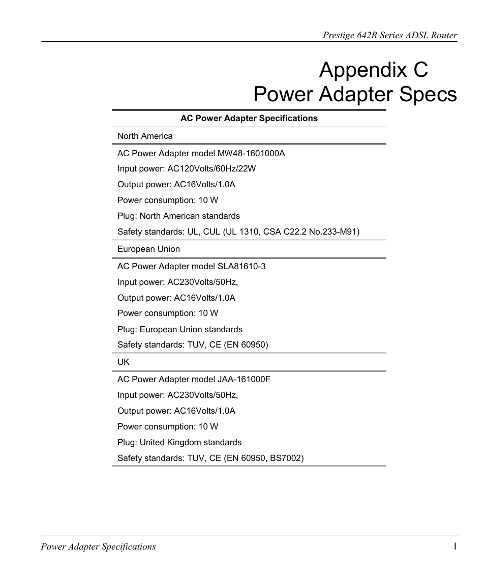 Appendix c power adapter specs | ZyXEL Communications Prestige 642R Series User Manual | Page 159 / 163