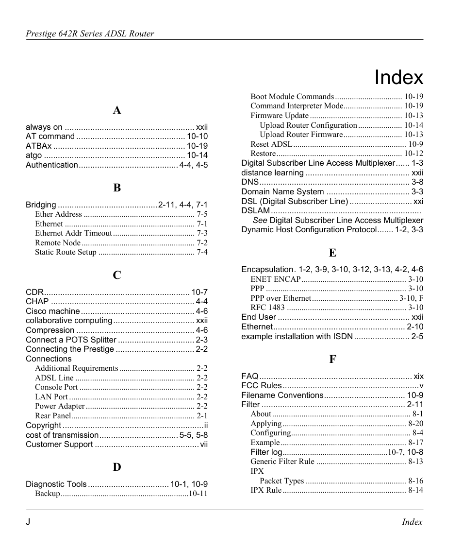 Index | ZyXEL Communications Prestige 642R Series User Manual | Page 160 / 163