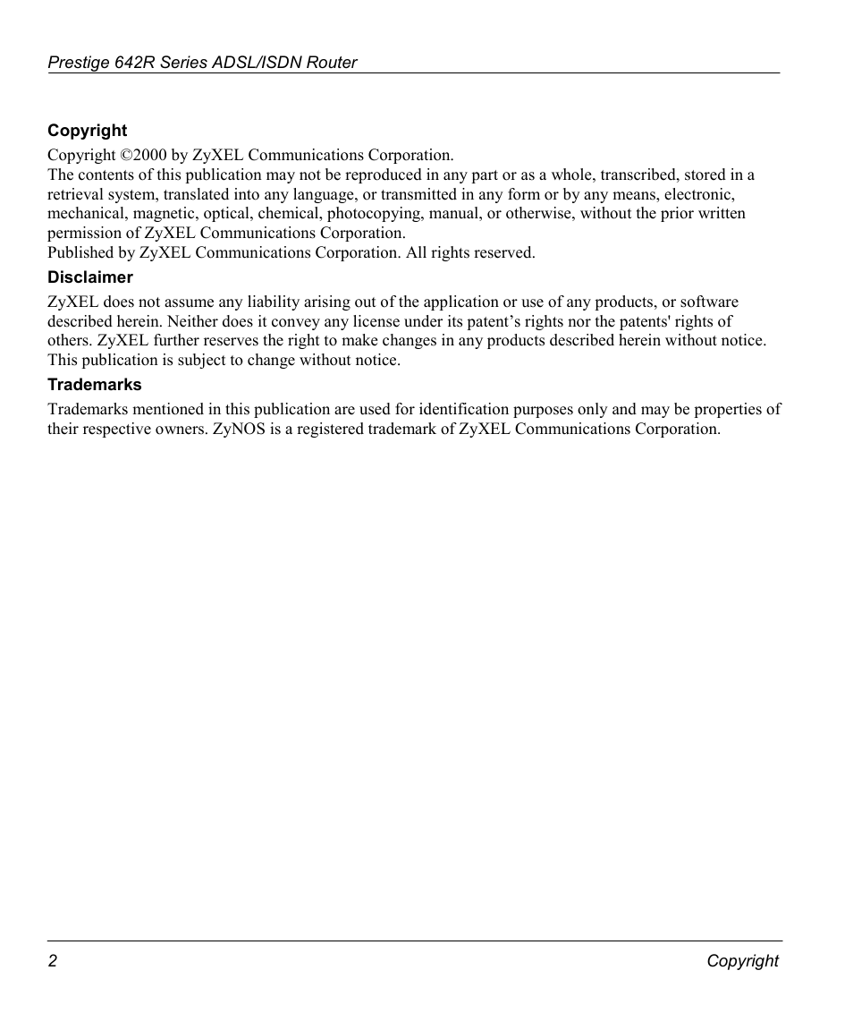 Copyright, Disclaimer, Trademarks | ZyXEL Communications Prestige 642R Series User Manual | Page 2 / 163
