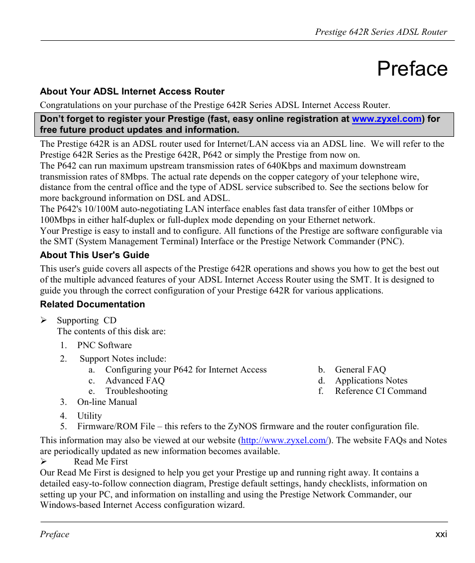 Preface, About your adsl internet access router, About this user's guide | Related documentation | ZyXEL Communications Prestige 642R Series User Manual | Page 21 / 163