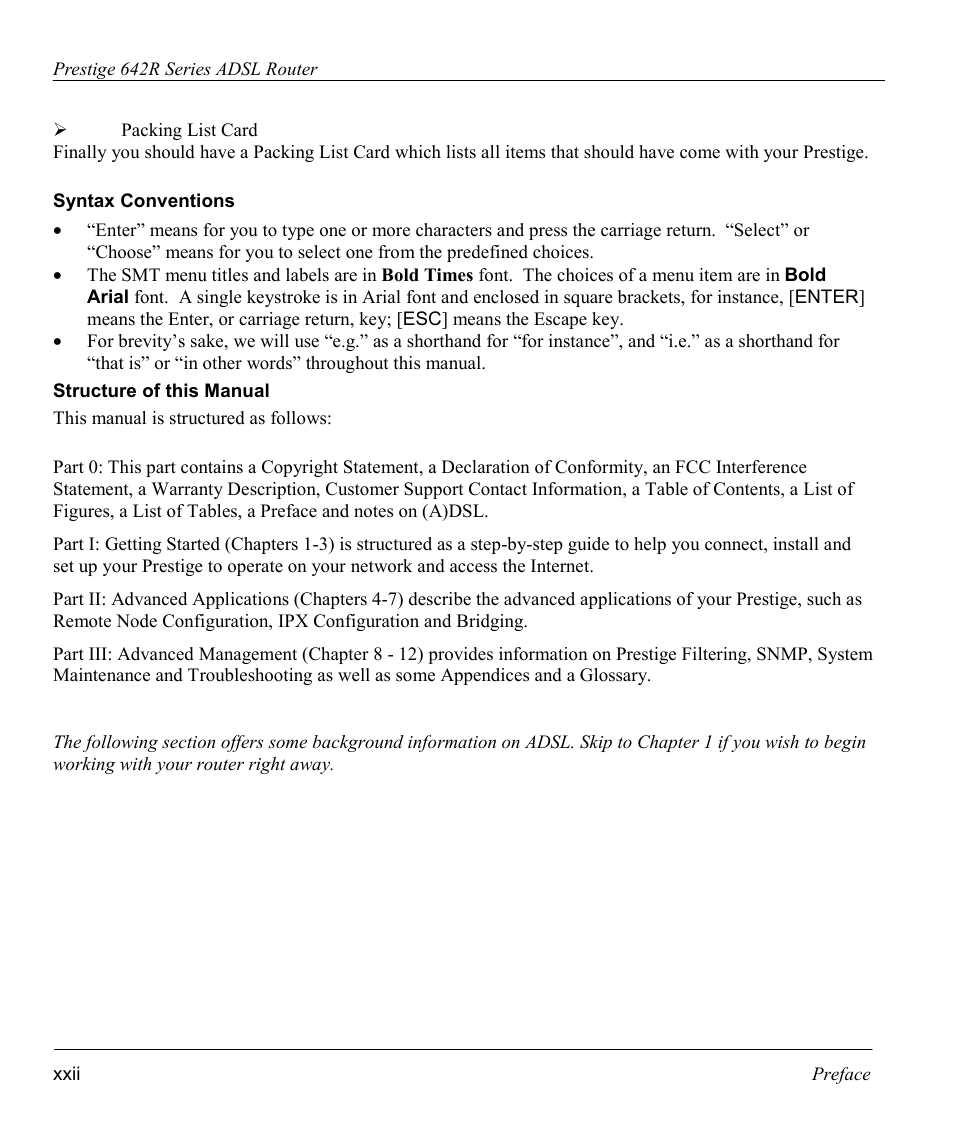 Syntax conventions, Structure of this manual | ZyXEL Communications Prestige 642R Series User Manual | Page 22 / 163