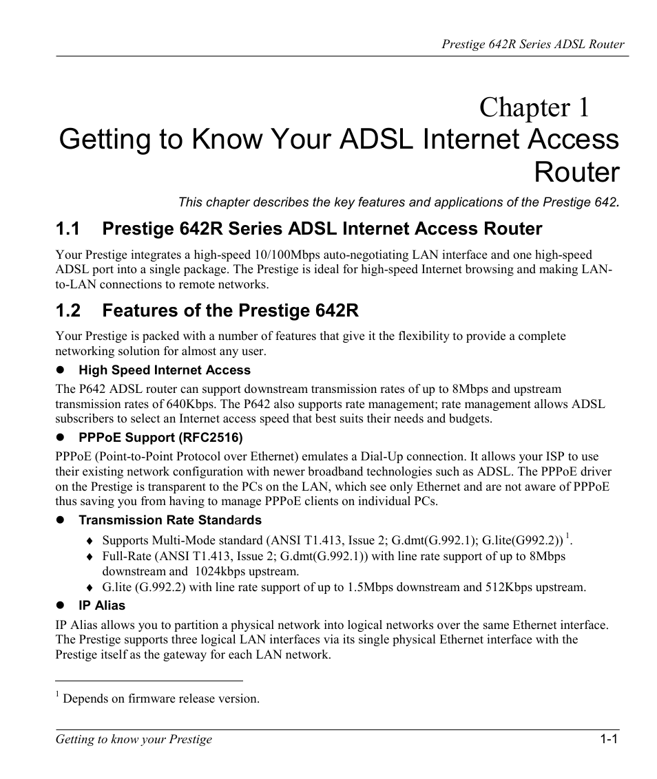 Getting to know your adsl internet access router, Prestige 642r series adsl internet access router, Features of the prestige 642r | 1 prestige 642r series adsl internet access router, 2 features of the prestige 642r | ZyXEL Communications Prestige 642R Series User Manual | Page 28 / 163