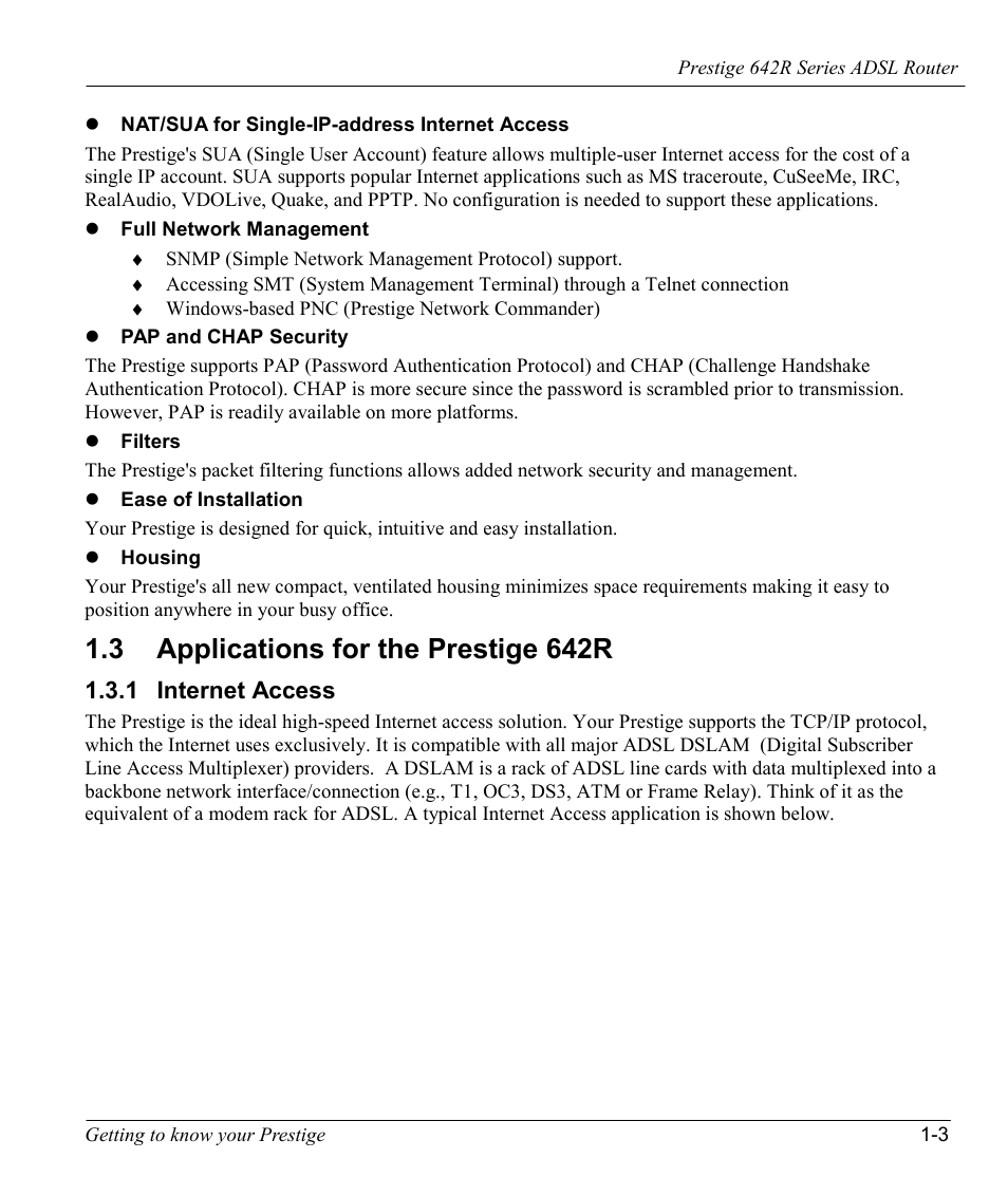 Applications for the prestige 642r, Internet access, 3 applications for the prestige 642r | 1 internet access | ZyXEL Communications Prestige 642R Series User Manual | Page 30 / 163