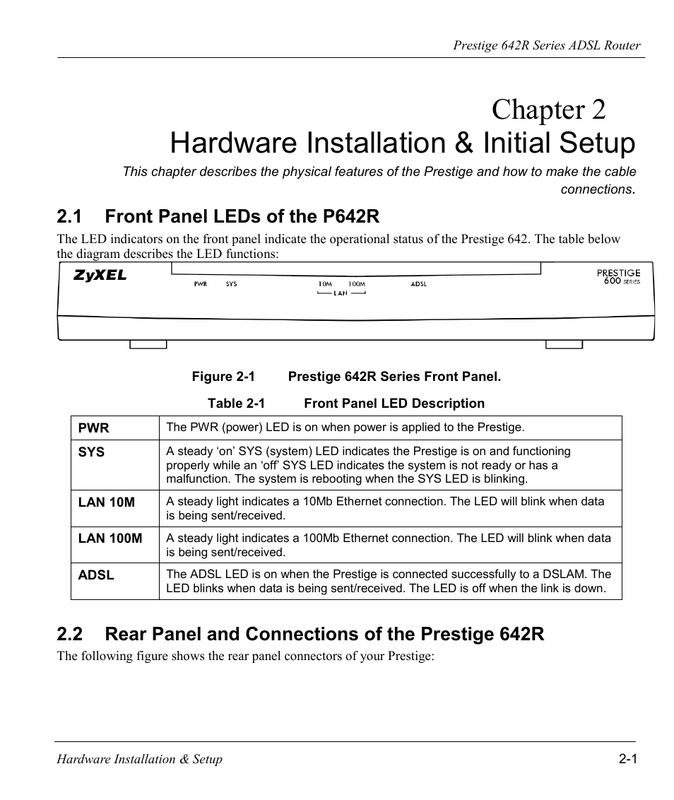 Hardware installation & initial setup, Front panel leds of the p642r, Rear panel and connections of the prestige 642r | Chapter 2 hardware installation & initial setup, 1 front panel leds of the p642r, 2 rear panel and connections of the prestige 642r | ZyXEL Communications Prestige 642R Series User Manual | Page 32 / 163