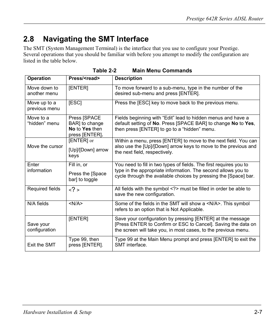 Navigating the smt interface, 8 navigating the smt interface | ZyXEL Communications Prestige 642R Series User Manual | Page 38 / 163