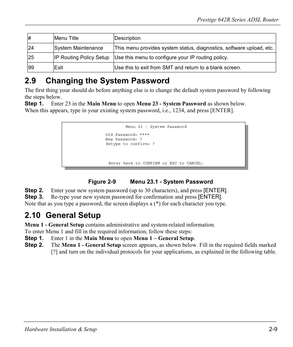 Changing the system password, General setup, 9 changing the system password | 10 general setup | ZyXEL Communications Prestige 642R Series User Manual | Page 40 / 163