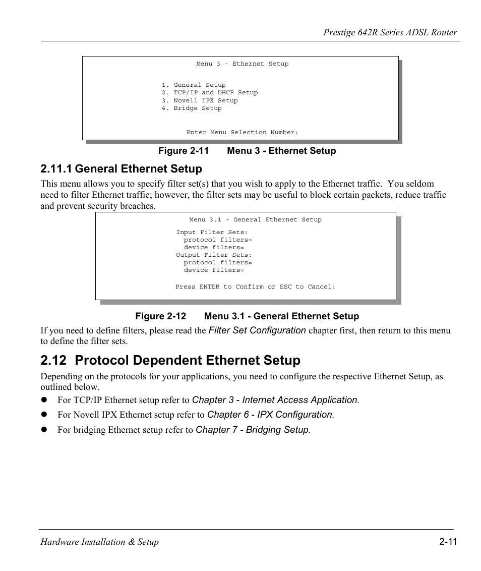 General ethernet setup, Protocol dependent ethernet setup, 12 protocol dependent ethernet setup | 1 general ethernet setup | ZyXEL Communications Prestige 642R Series User Manual | Page 42 / 163