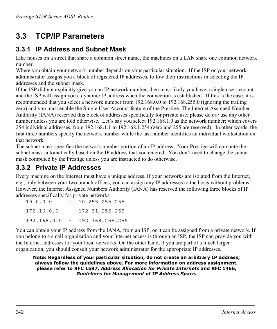 Tcp/ip parameters, Ip address and subnet mask, Private ip addresses | 3 tcp/ip parameters | ZyXEL Communications Prestige 642R Series User Manual | Page 45 / 163