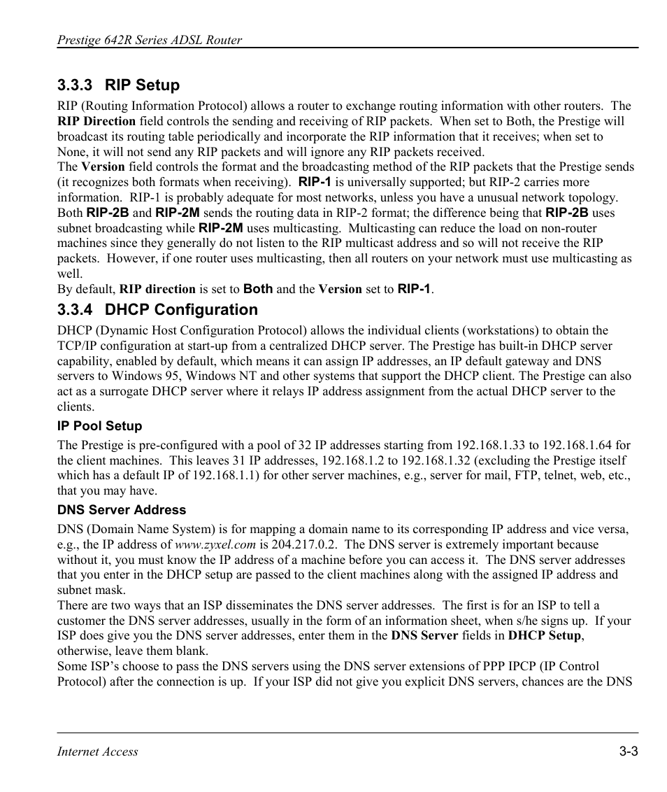 Rip setup, Dhcp configuration | ZyXEL Communications Prestige 642R Series User Manual | Page 46 / 163