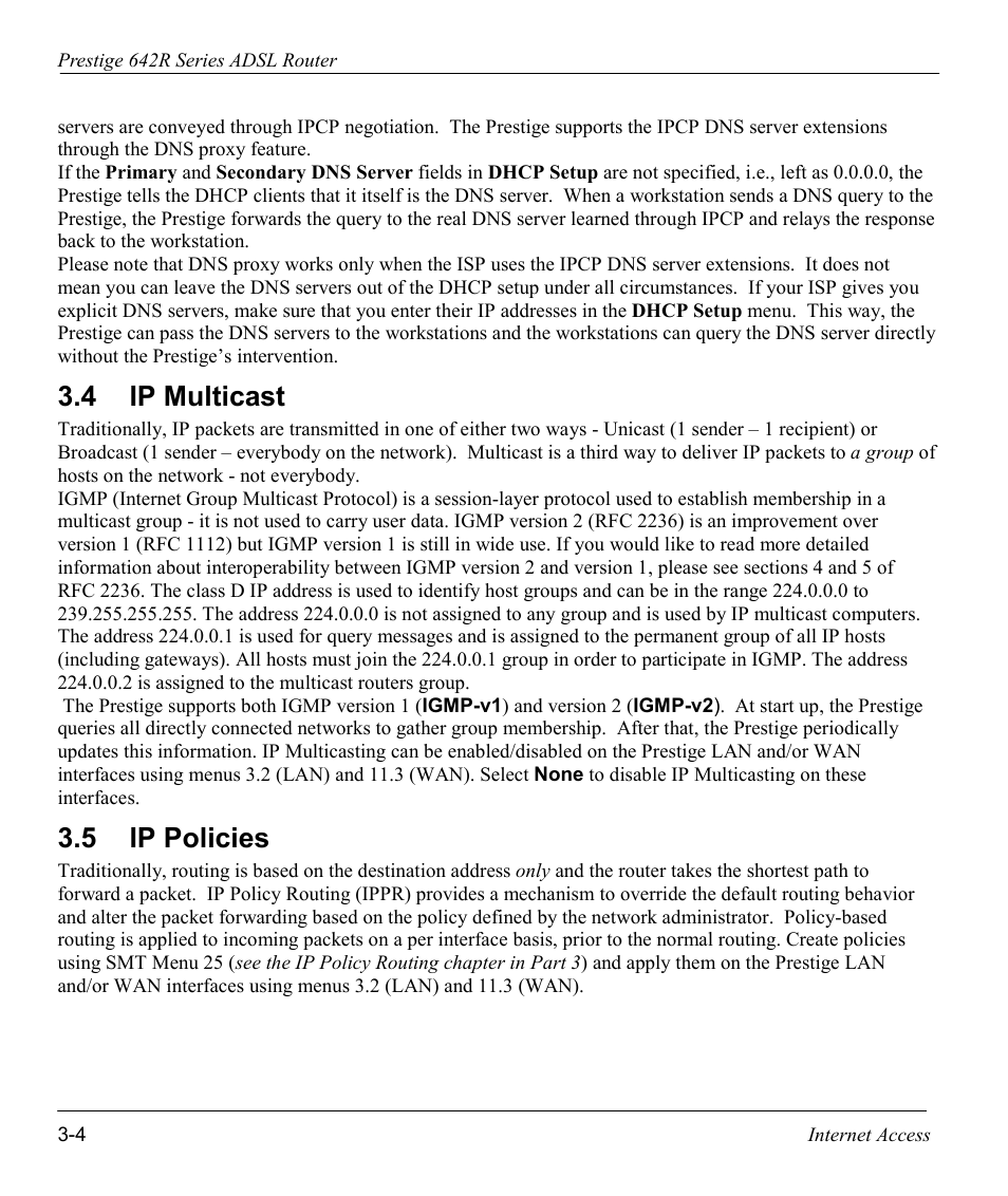 Ip multicast, Ip policies, 4 ip multicast | 5 ip policies | ZyXEL Communications Prestige 642R Series User Manual | Page 47 / 163
