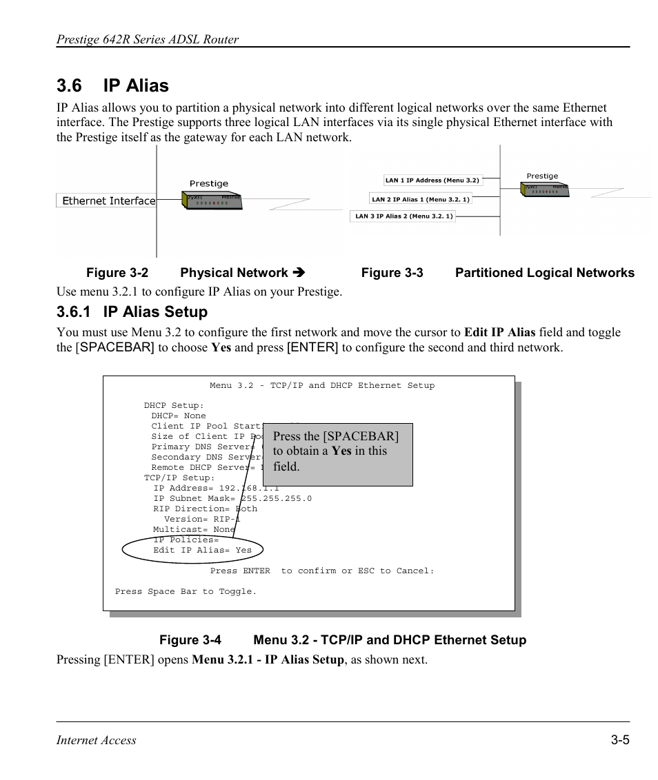 Ip alias, Ip alias setup, 6 ip alias | 1 ip alias setup | ZyXEL Communications Prestige 642R Series User Manual | Page 48 / 163