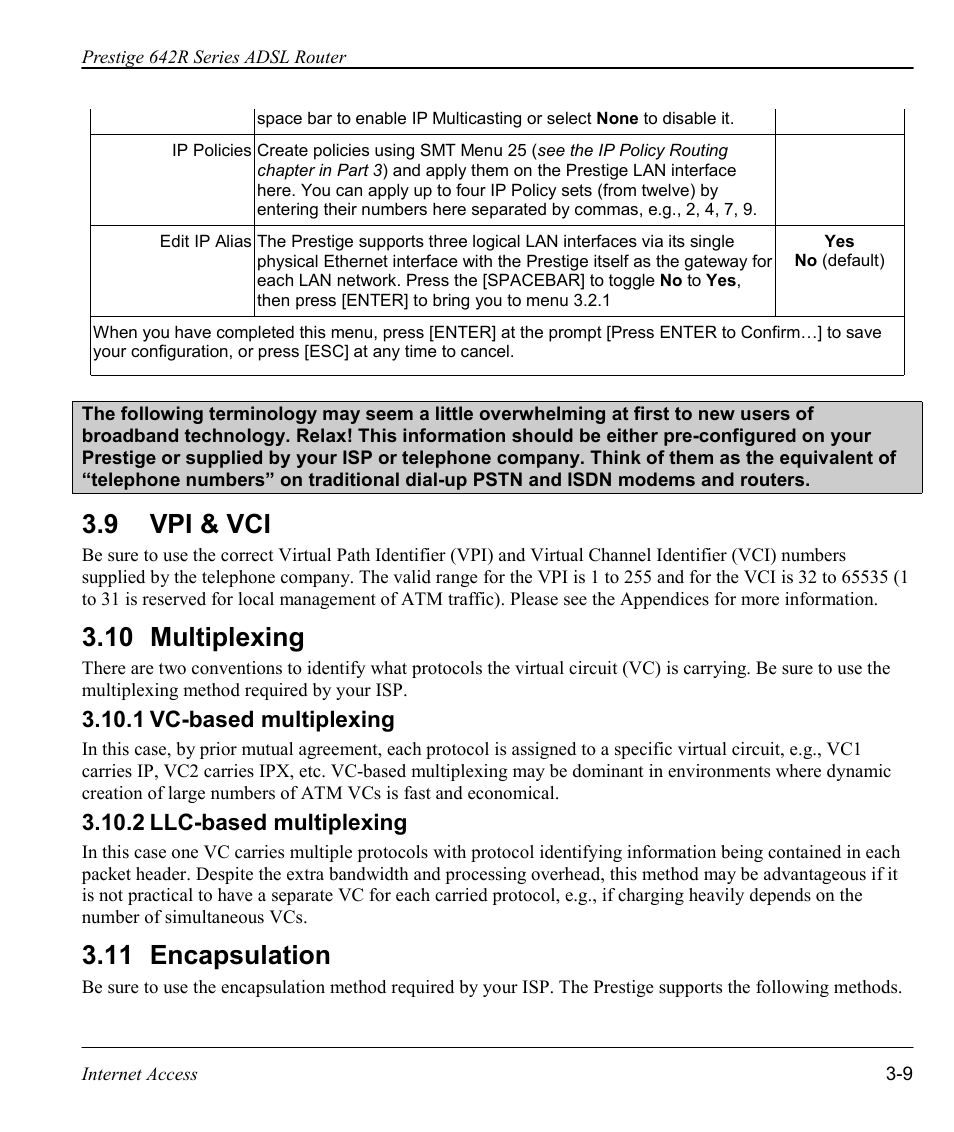 Vpi & vci, Multiplexing, Vc-based multiplexing | Llc-based multiplexing, Encapsulation, 9 vpi & vci, 10 multiplexing, 11 encapsulation | ZyXEL Communications Prestige 642R Series User Manual | Page 52 / 163
