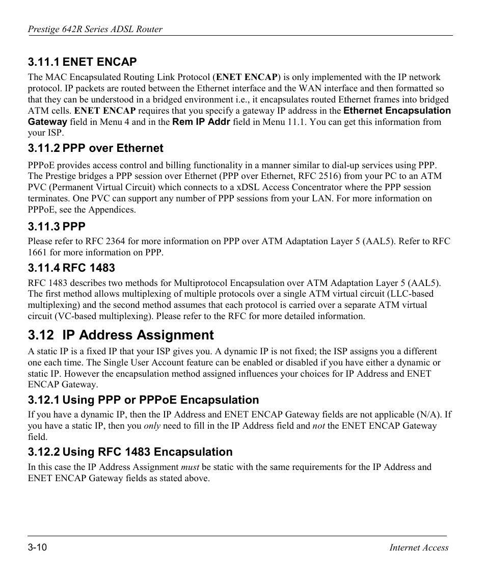 Enet encap, Ppp over ethernet, Rfc 1483 | Ip address assignment, Using ppp or pppoe encapsulation, Using rfc 1483 encapsulation, 12 ip address assignment | ZyXEL Communications Prestige 642R Series User Manual | Page 53 / 163
