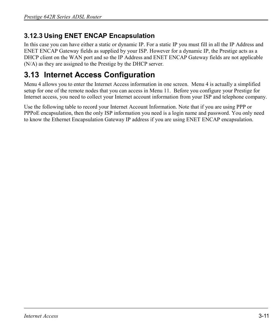 Using enet encap encapsulation, Internet access configuration, 13 internet access configuration | ZyXEL Communications Prestige 642R Series User Manual | Page 54 / 163