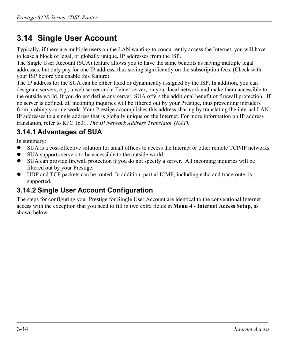 Single user account, Advantages of sua, Single user account configuration | 14 single user account | ZyXEL Communications Prestige 642R Series User Manual | Page 57 / 163