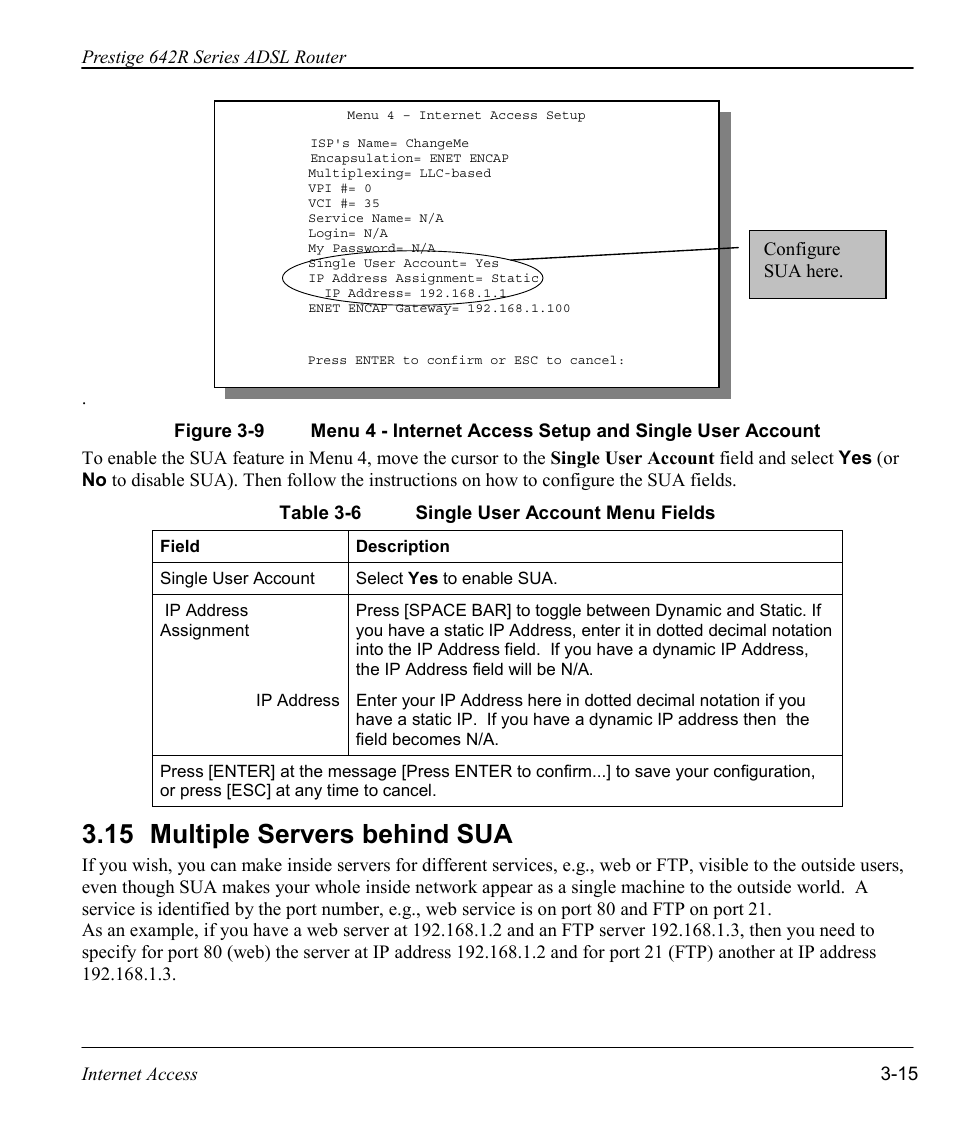 Multiple servers behind sua, 15 multiple servers behind sua | ZyXEL Communications Prestige 642R Series User Manual | Page 58 / 163