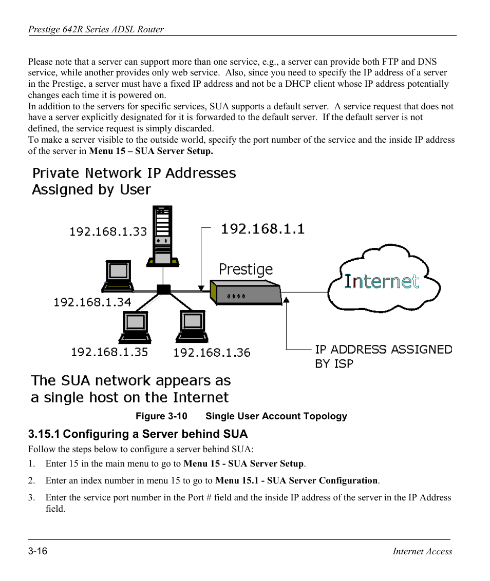 Configuring a server behind sua, 1 configuring a server behind sua | ZyXEL Communications Prestige 642R Series User Manual | Page 59 / 163