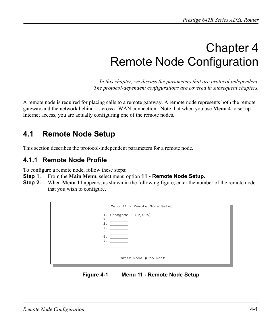 Remote node configuration, Remote node setup, Remote node profile | Chapter 4 remote node configuration, 1 remote node setup | ZyXEL Communications Prestige 642R Series User Manual | Page 62 / 163