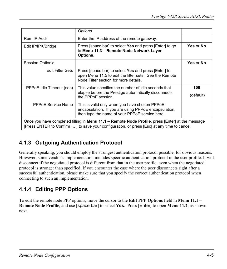 Outgoing authentication protocol, Editing ppp options, 3 outgoing authentication protocol | 4 editing ppp options | ZyXEL Communications Prestige 642R Series User Manual | Page 66 / 163
