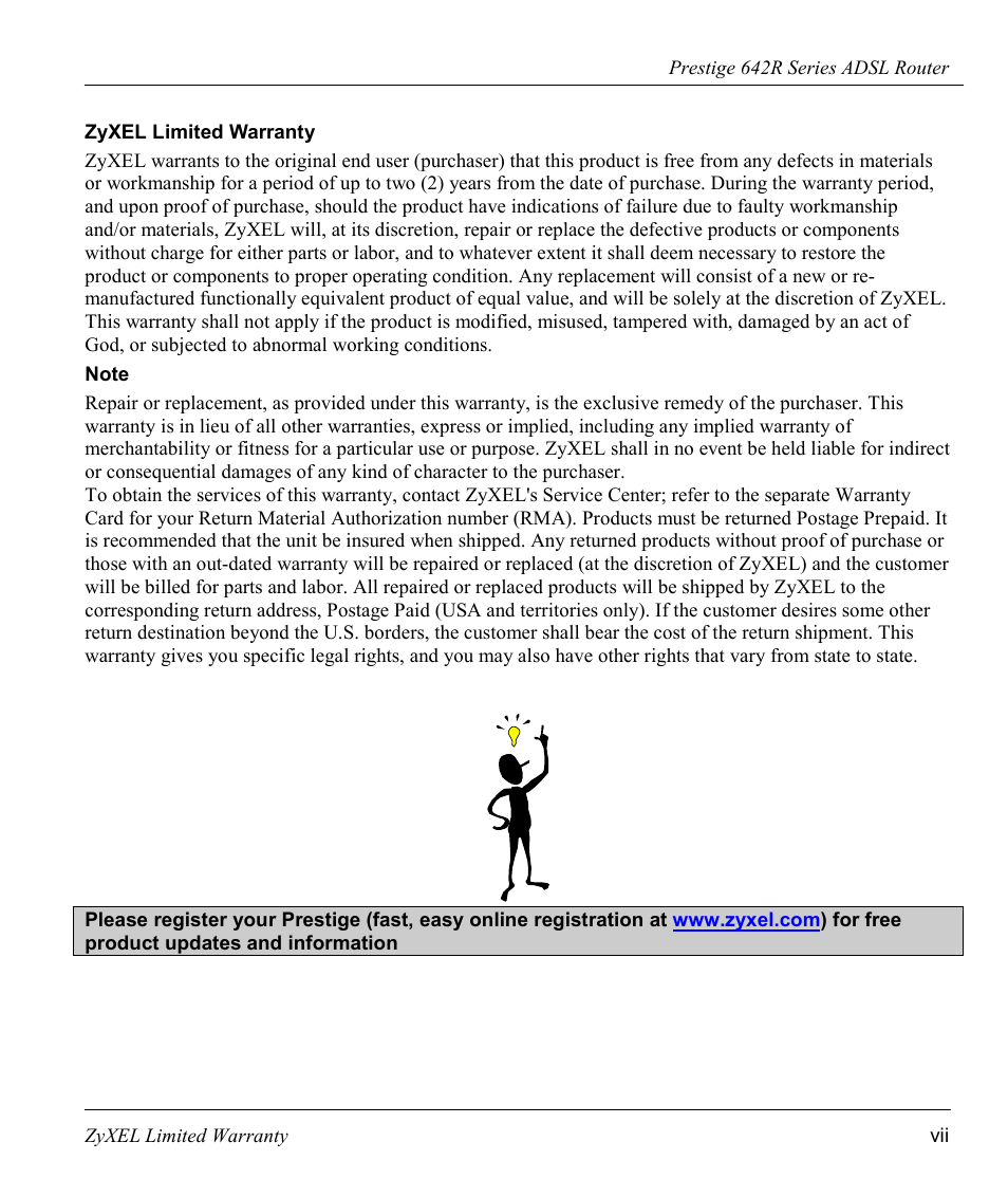 Zyxel limited warranty | ZyXEL Communications Prestige 642R Series User Manual | Page 7 / 163