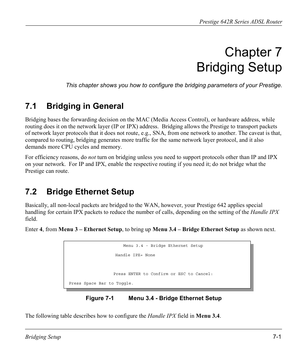 Bridging setup, Bridging in general, Bridge ethernet setup | Chapter 7 bridging setup, 1 bridging in general, 2 bridge ethernet setup | ZyXEL Communications Prestige 642R Series User Manual | Page 90 / 163