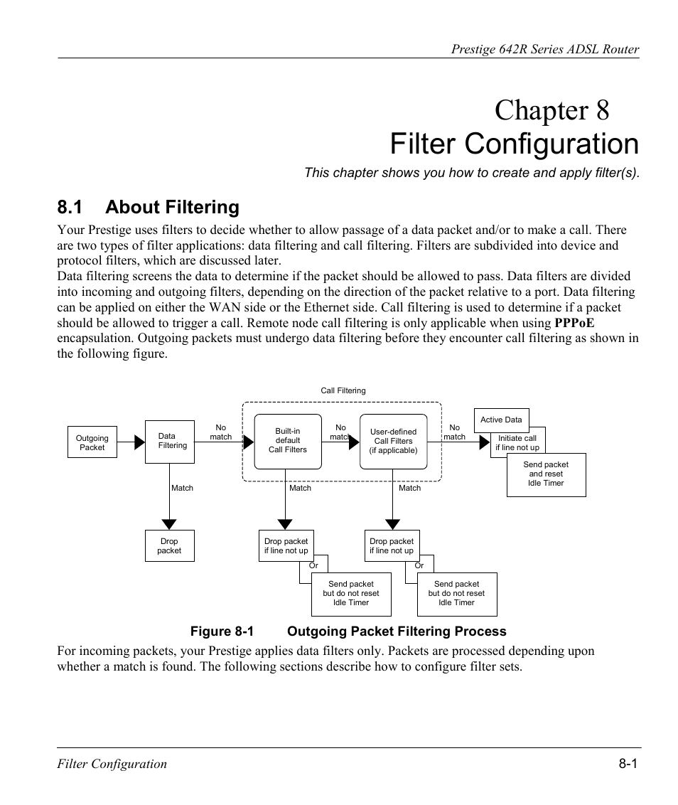 Filter configuration, About filtering, Chapter 8 filter configuration | 1 about filtering | ZyXEL Communications Prestige 642R Series User Manual | Page 97 / 163