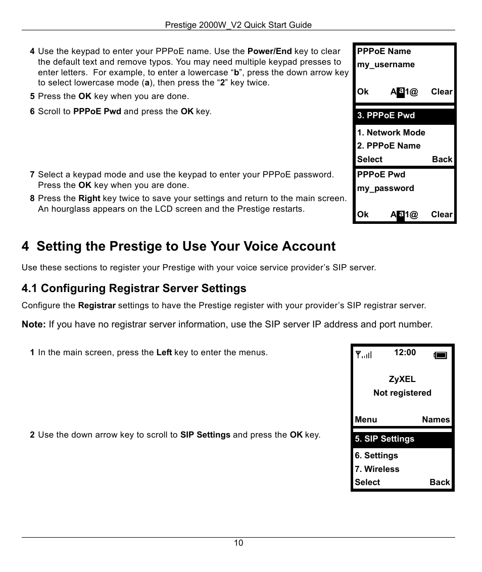 4 setting the prestige to use your voice account, 1 configuring registrar server settings, Section 4 | ZyXEL Communications 2000W_V2 User Manual | Page 10 / 19