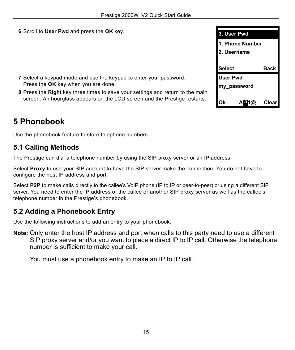 5 phonebook, 1 calling methods, 2 adding a phonebook entry | Section 5 | ZyXEL Communications 2000W_V2 User Manual | Page 15 / 19