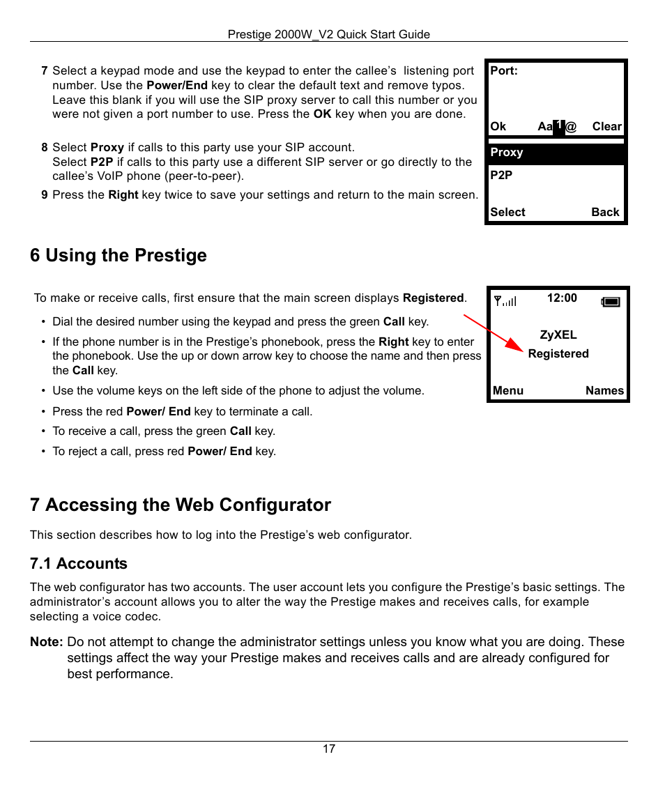 6 using the prestige, 7 accessing the web configurator, 1 accounts | ZyXEL Communications 2000W_V2 User Manual | Page 17 / 19