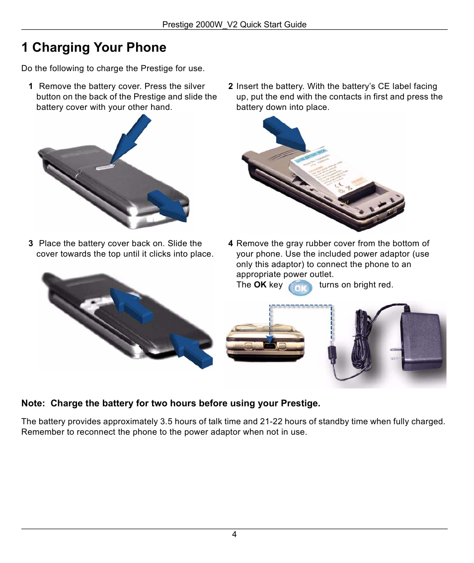 1 charging your phone | ZyXEL Communications 2000W_V2 User Manual | Page 4 / 19