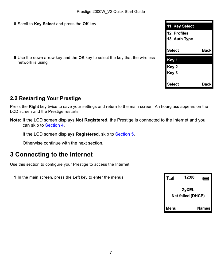 2 restarting your prestige, 3 connecting to the internet, P to | Section 2.2 | ZyXEL Communications 2000W_V2 User Manual | Page 7 / 19