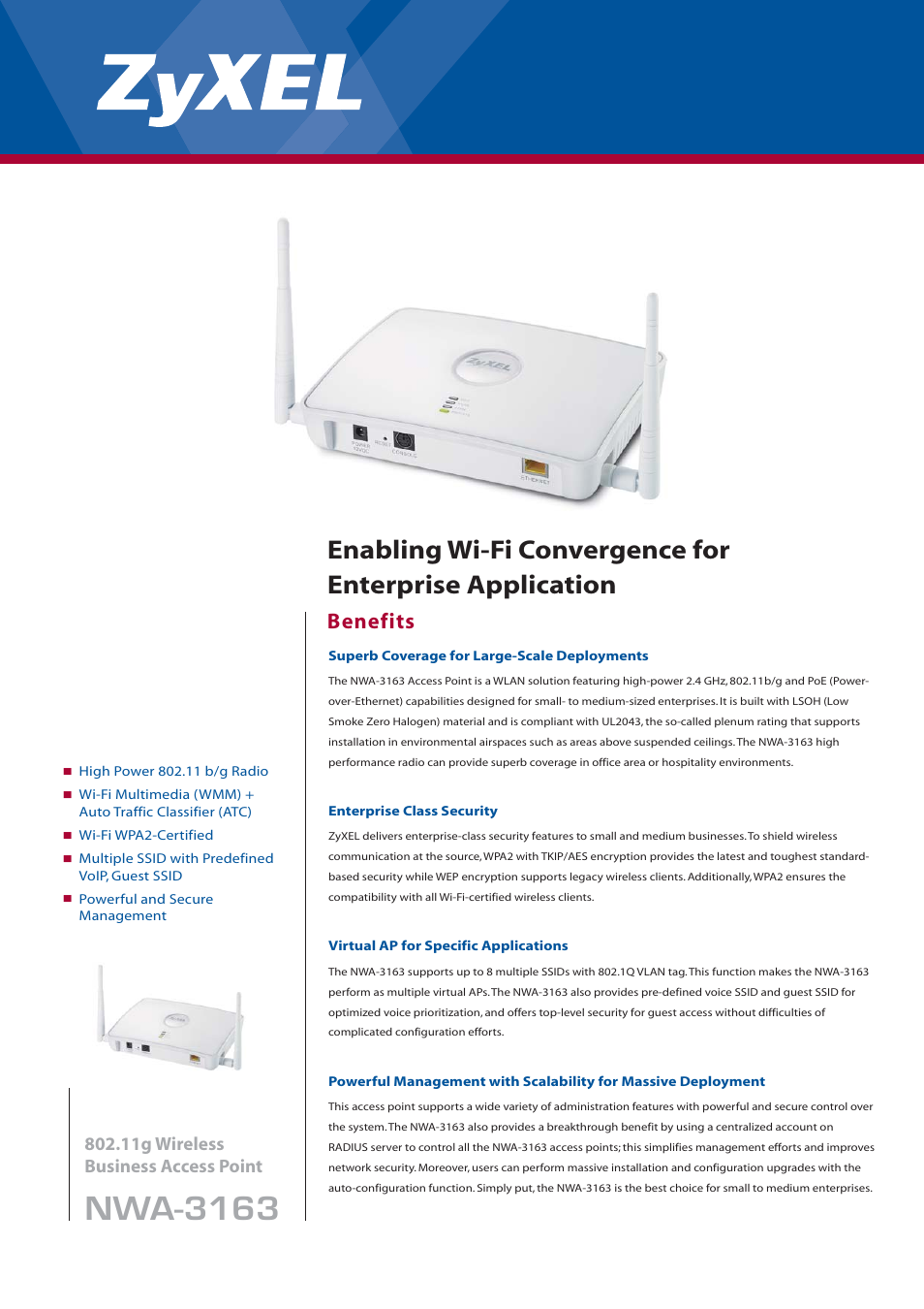 ZyXEL Communications NWA-3163 User Manual | 2 pages