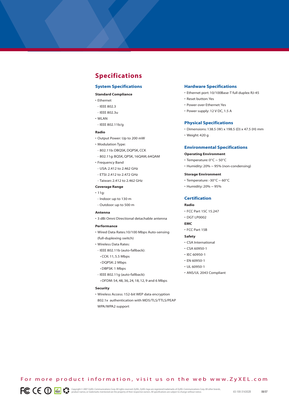 Specifications | ZyXEL Communications NWA-3163 User Manual | Page 2 / 2